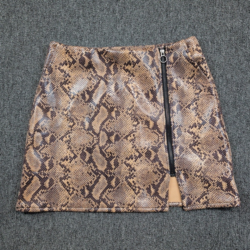 Flynn Skye Y2K Snakeskin Faux Leather Mini Skirt Size M Brown Tan Exposed Zipper
